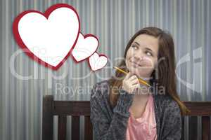 Daydreaming Girl With Blank Floating Hearts - Clipping Path