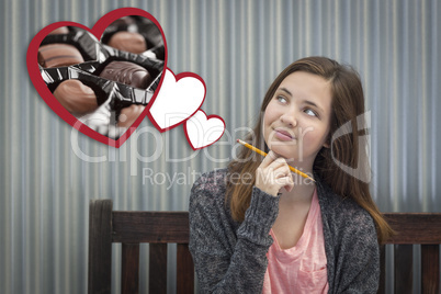 Daydreaming Girl Next To Floating Hearts with Chocolates
