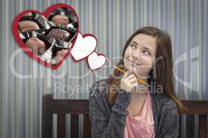 Daydreaming Girl Next To Floating Hearts with Chocolates