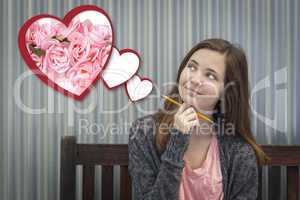 Daydreaming Girl Next To Floating Hearts with Pink Roses