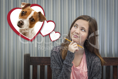 Daydreaming Girl Next To Floating Hearts with Puppy Within