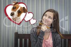 Daydreaming Girl Next To Floating Hearts with Puppy Within