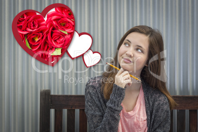 Daydreaming Girl Next To Floating Hearts with Red Roses