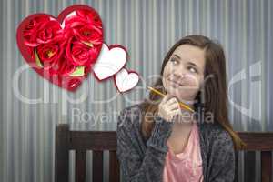 Daydreaming Girl Next To Floating Hearts with Red Roses