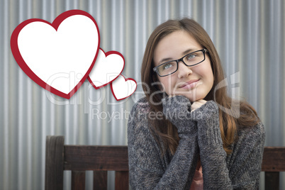 Daydreaming Girl With Blank Floating Hearts - Clipping Path