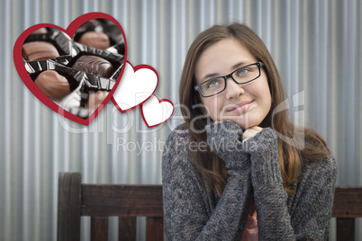 Daydreaming Girl Next To Floating Hearts with Chocolates