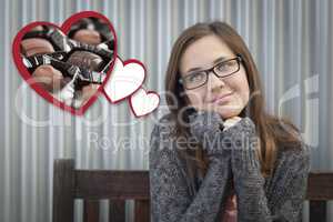 Daydreaming Girl Next To Floating Hearts with Chocolates