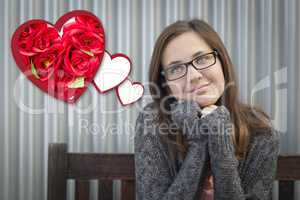 Daydreaming Girl Next To Floating Hearts with Red Roses