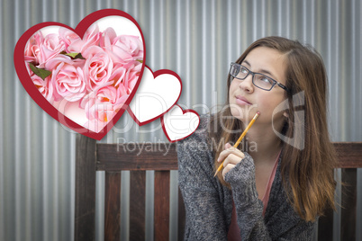 Daydreaming Girl Next To Floating Hearts with Pink Roses