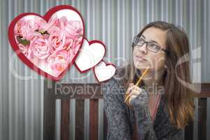 Daydreaming Girl Next To Floating Hearts with Pink Roses