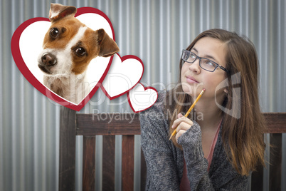 Daydreaming Girl Next To Floating Hearts with Puppy Within