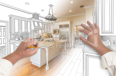 Male Hands Sketching Custom Kitchen with Photo Showing Through