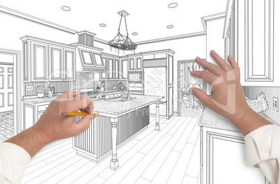 Male Hands Sketching Beautiful Custom Kitchen