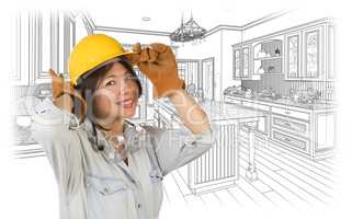 Hispanic Woman in Hard Hat with Kitchen Drawing Behind