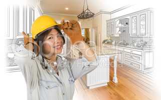 Hispanic Woman in Hard Hat with Kitchen Drawing and Photo