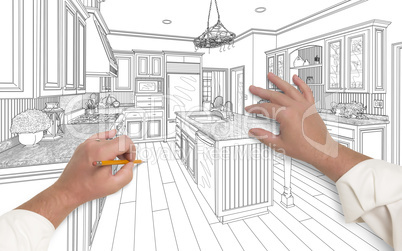 Male Hands Sketching Beautiful Custom Kitchen