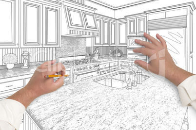 Male Hands Sketching Beautiful Custom Kitchen