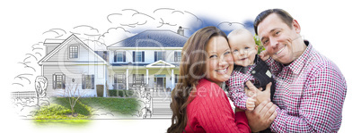 Young Family Over House Drawing and Photo on White