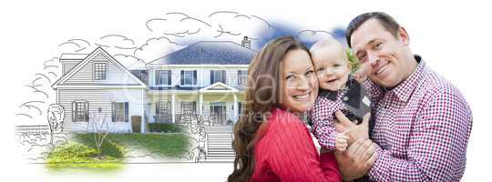 Young Family Over House Drawing and Photo on White