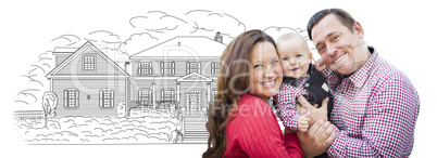 Young Family With Baby Over House Drawing on White