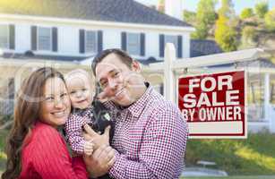 Family In Front of For Sale By Owner Sign, House