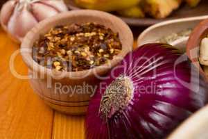 Fresh vegetables and spices on cutting board