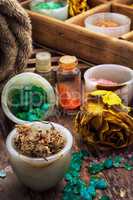 wooden box with accessories for Spa treatments