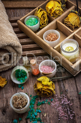 wooden box with accessories for Spa treatments