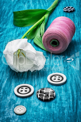 one white tulip and buttons with threads
