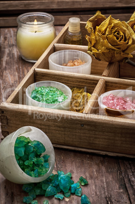 wooden box with accessories for Spa treatments