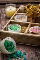 wooden box with accessories for Spa treatments