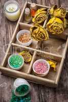 wooden box with accessories for Spa treatments