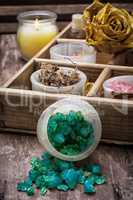 wooden box with accessories for Spa treatments