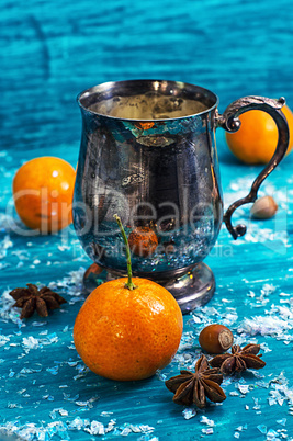 drink mulled wine on bright blue background.