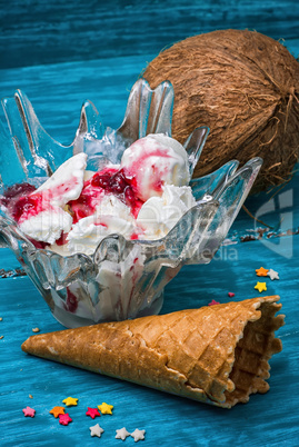 ice cream in  bowl and two waffle cup