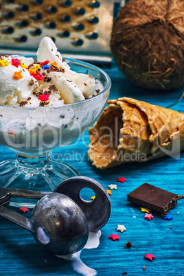 coconut ice cream in bowl and two waffle cup
