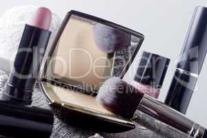 Powder box with mirror and cosmetic brush