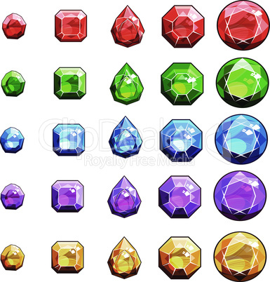 Vector gems and diamonds icons set in different colors with different shapes.