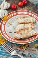 set fried meat sausages on wooden background