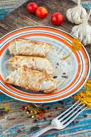 set fried meat sausages on wooden background