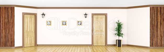 Interior with classic wooden doors panorama 3d rendering