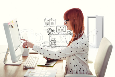 Composite image of smiling hipster woman using graphics tablet a