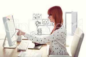 Composite image of smiling hipster woman using graphics tablet a