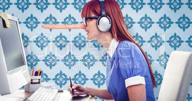 Composite image of attractive hipster woman with headset using g