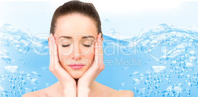 Composite image of beautiful brunette with eyes closed