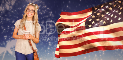 Composite image of gorgeous smiling blonde hipster leaning again