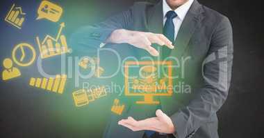 Composite image of businessman showing something with his hands