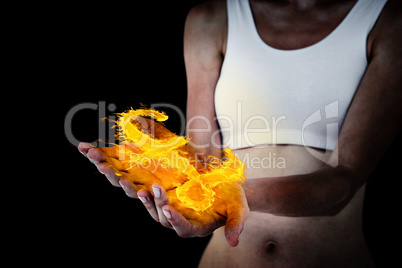 Composite image of woman presenting with her hands