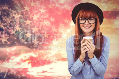 Composite image of smiling hipster woman drinking coffee