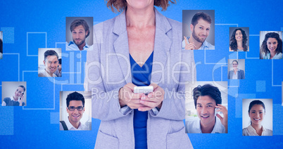 Composite image of portrait of smiling businesswoman using mobil